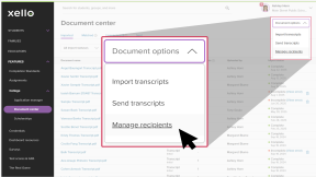 Document center page in Xello. The Document options dropdown is open and the cursor is selecting "Manage recipients"
